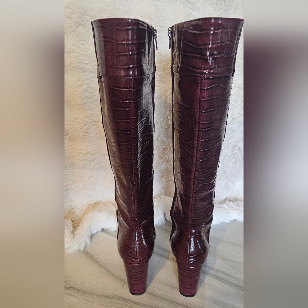 Women's Burgundy Croc-Embossed Knee High Boots - Picture 3 of 10